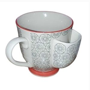 LARGE Hand Stamped Mug with a Tea Bag Holder Gray White & Peach Pink